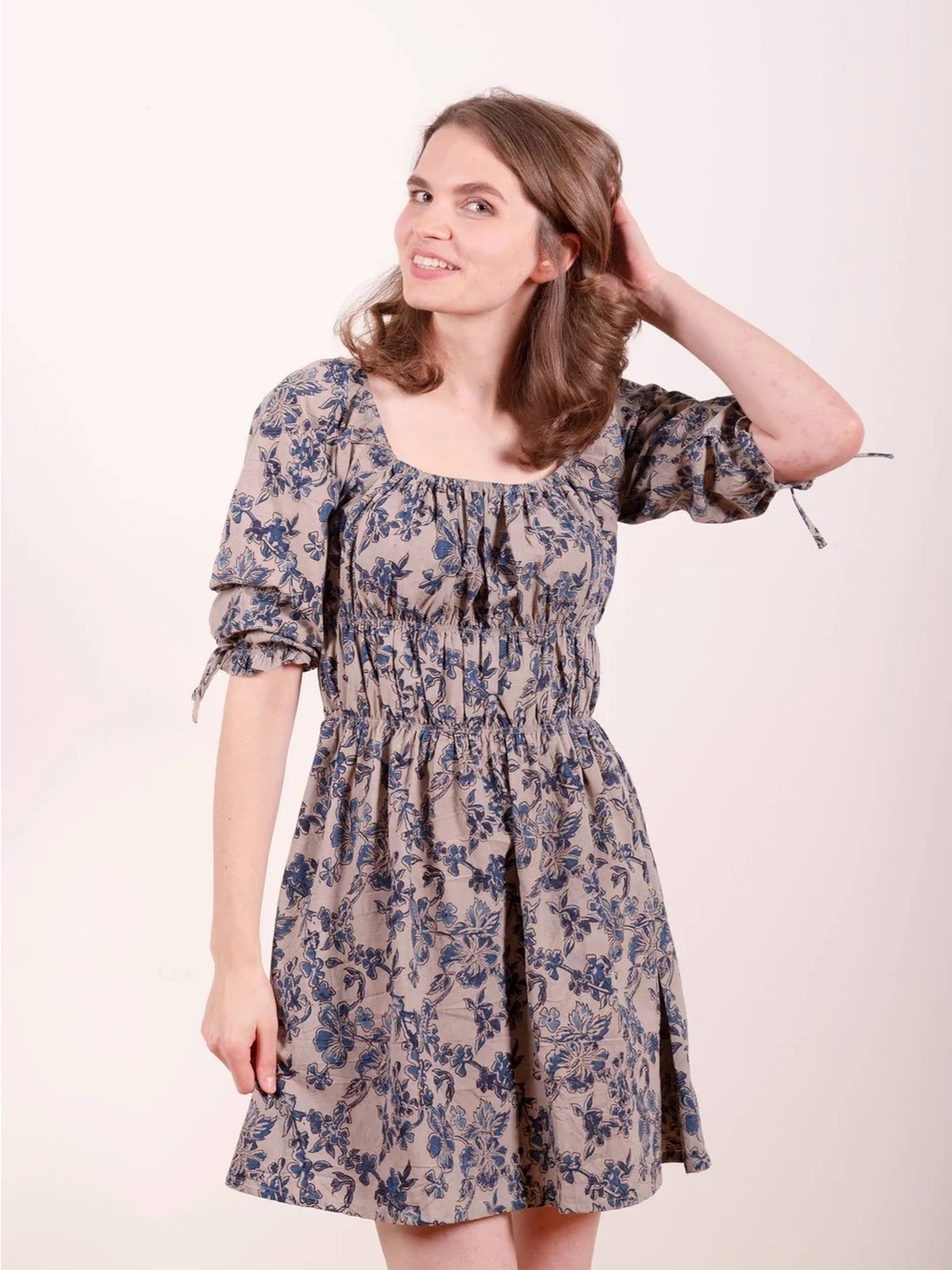 Mata Traders Beige Dress with Blue Floral Print